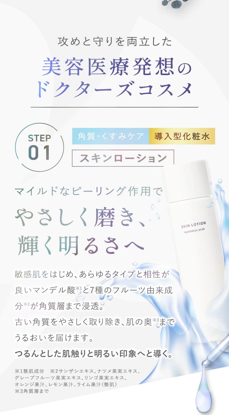 攻めと守りを両立した美容医療発想のドクターズコスメ STEP01 角質くすみケア導入型化粧水 スキンローション マイルドなピーリング作用でやさしく磨き輝く明るさへ マンデル酸配合
