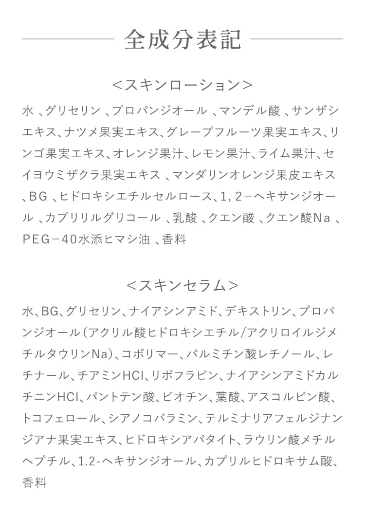 全成分表記 スキンローション・スキンセラム全成分一覧表